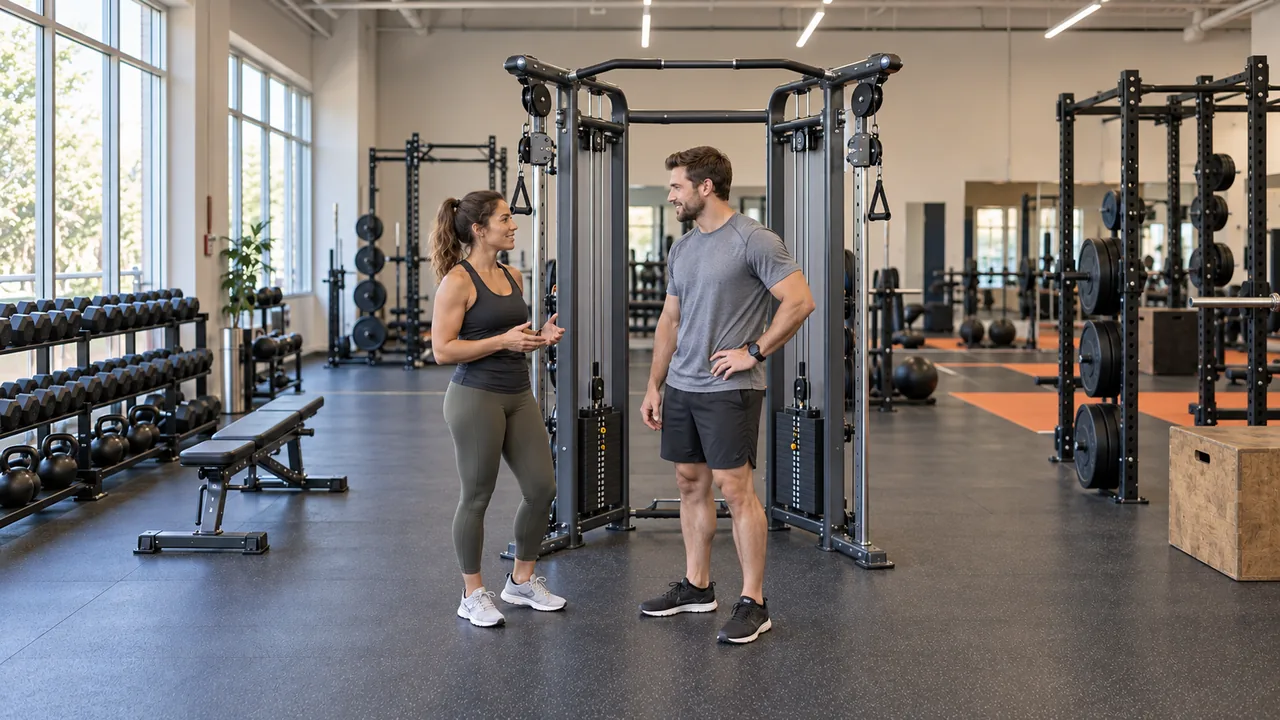 Interior de academia com áreas de musculação e treino livre.